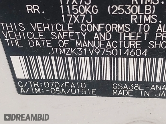 2007 Toyota RAV4 Limited with VIN JTMZK31V975014604, listed as a IAAI auction lot 42586326 with 199,346 mi miles and . Bid and sale history available at DreamBid. Image 9.
