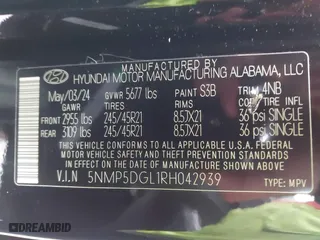 2024 Hyundai Santa Fe Calligraphy with VIN 5NMP5DGL1RH042939, listed as a IAAI auction lot 41814389 with 4,627 mi miles. Bid and sale history available at carsss.com. Image 9.