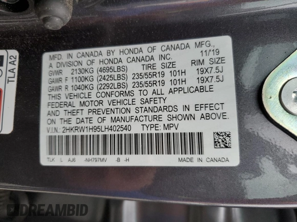 2020 Honda CR-V Touring with VIN 2HKRW1H95LH402540, listed as a Copart auction lot 83581964 with 30,958 mi miles and Salvage Title. Bid and sale history available at carsss.com. Image 13.
