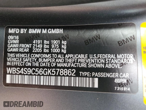 2016 BMW M4 with VIN WBS4S9C56GK578862, listed as a Copart auction lot 64843405 with 2,588 mi miles and Clean title. Bid and sale history available at DreamBid. Image 12.