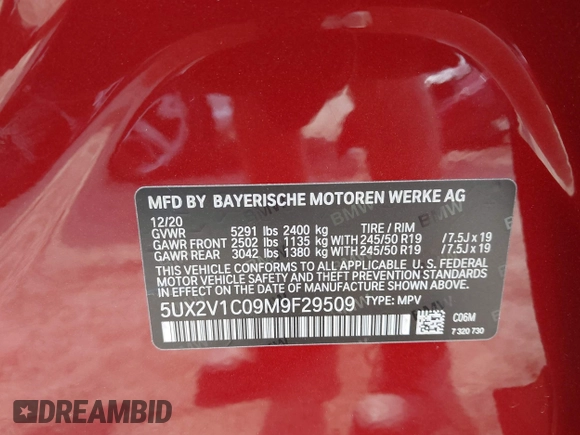 2021 BMW X4 xDrive30i with VIN 5UX2V1C09M9F29509, listed as a IAAI auction lot 42408605 with 46,992 mi miles and . Bid and sale history available at DreamBid. Image 9.