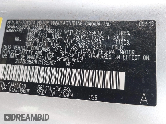 2014 Lexus RX 350 with VIN 2T2ZK1BA9EC132907, listed as a IAAI auction lot 42406863 with Not provided miles and . Bid and sale history available at DreamBid. Image 9.