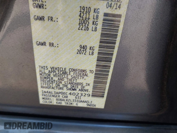 2014 Nissan Altima SV with VIN 1N4AL3AP0EC402329, listed as a IAAI auction lot 42129620 with 160,286 mi miles and . Bid and sale history available at DreamBid. Image 9.