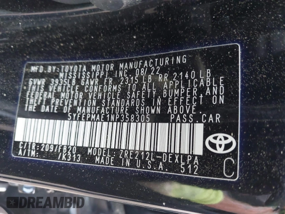 2022 Toyota Corolla LE with VIN 5YFEPMAE1NP358305, listed as a IAAI auction lot 42170738 with 42,644 mi miles and . Bid and sale history available at DreamBid. Image 9.