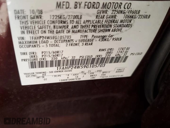 2009 Ford Taurus SEL with VIN 1FAHP24W59G105703, listed as a Copart auction lot 48831285 with 99,629 mi miles and Clean Title. Bid and sale history available at carsss.com. Image 12.