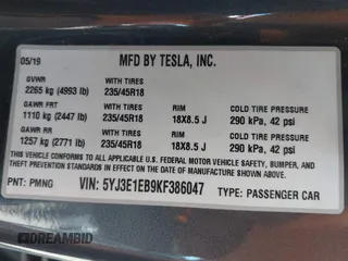 2019 Tesla Model 3 Long Range with VIN 5YJ3E1EB9KF386047, listed as a IAAI auction lot 42215362 with 41,246 mi miles and . Bid and sale history available at DreamBid. Image 9.