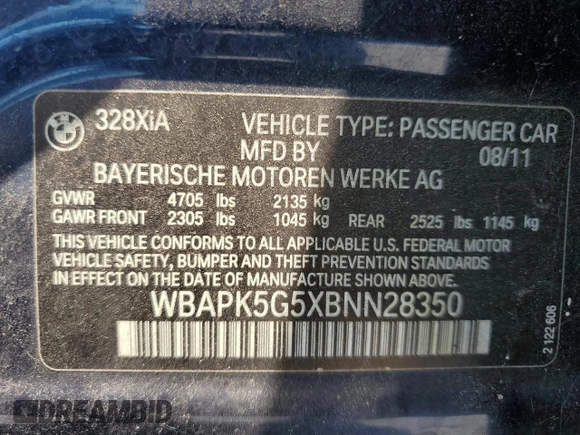 2011 BMW 3 Series 328i xDrive with VIN WBAPK5G5XBNN28350, listed as a Copart auction lot 57783295 with Not provided miles and Clean title. Bid and sale history available at DreamBid. Image 12.