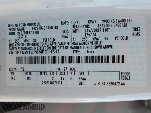 2021 Ford F-150 XL with VIN 1FTEW1CP8MFD11312, listed as a Copart auction lot 88754605 with 142,224 mi miles and Salvage title. Bid and sale history available at DreamBid. Image 15.