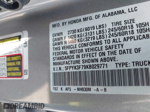 2019 Honda Ridgeline RTL-E with VIN 5FPYK3F79KB029771, listed as a IAAI auction lot 42448369 with 90,142 mi miles and . Bid and sale history available at DreamBid. Image 9.