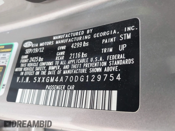 2013 Kia Optima LX with VIN 5XXGM4A70DG129754, listed as a IAAI auction lot 42061666 with 225,099 mi miles. Bid and sale history available at carsss.com. Image 9.