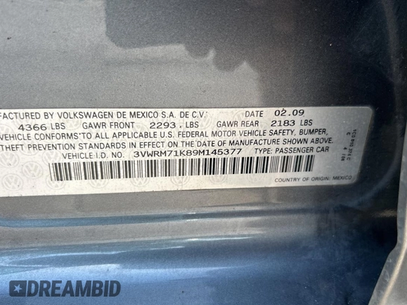 2009 Volkswagen Jetta SE with VIN 3VWRM71K89M145377, listed as a Copart auction lot 66104525 with 161,429 mi miles and Clean title. Bid and sale history available at DreamBid. Image 10.