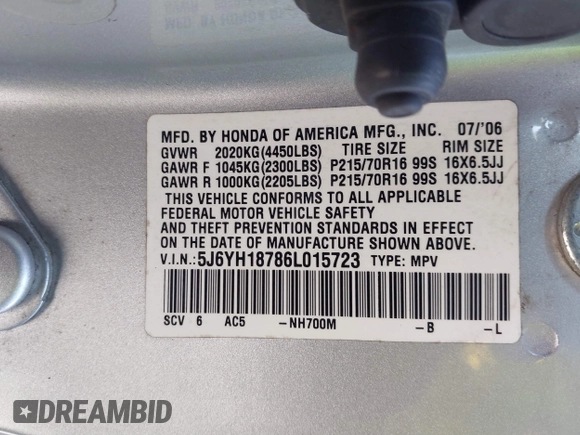 2006 Honda Element EX-P with VIN 5J6YH18786L015723, listed as a IAAI auction lot 41708068 with 143,175 mi miles and . Bid and sale history available at DreamBid. Image 9.