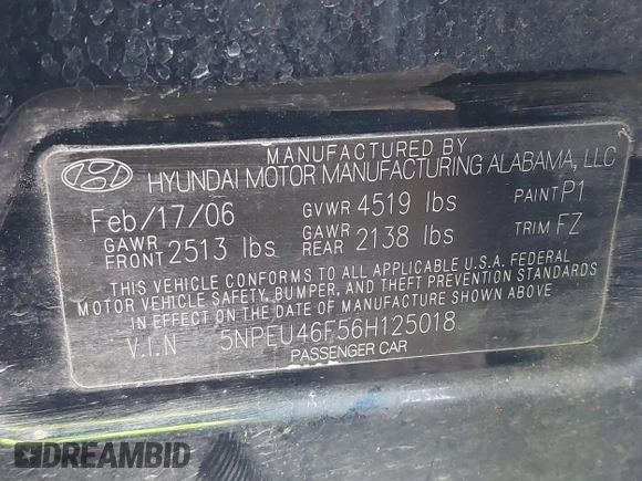 2006 Hyundai Sonata GLS with VIN 5NPEU46F56H125018, listed as a IAAI auction lot 41692870 with 152,914 mi miles and . Bid and sale history available at DreamBid. Image 9.