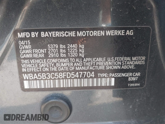 2015 BMW 5 Series 535i xDrive with VIN WBA5B3C58FD547704, listed as a IAAI auction lot 41764129 with 152,649 mi miles. Bid and sale history available at carsss.com. Image 9.