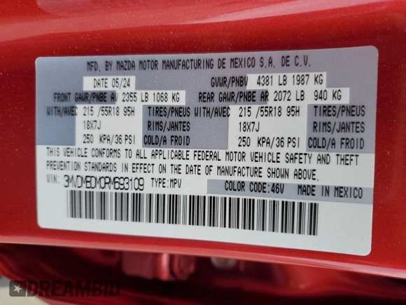 2024 Mazda CX-30 S Premium z VIN 3MVDMBDM0RM693109, wystawiony jako Copart lot #51951985 z przebiegiem 10 449 mil mil oraz Szkoda całkowita • Salvage title. Historia ofert i sprzedaży dostępna na DreamBid. Obrazek 13.