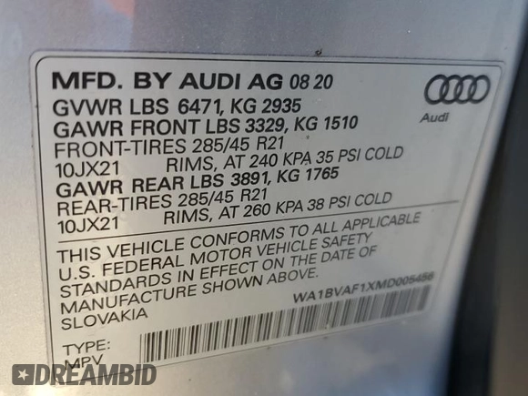 2021 Audi Q8 Premium Plus with VIN WA1BVAF1XMD005456, listed as a Copart auction lot 74460904 with 24,854 mi miles and Salvage Title. Bid and sale history available at carsss.com. Image 13.