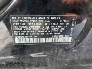 2012 Volkswagen Passat SE with VIN 1VWBH7A35CC047429, listed as a Copart auction lot 45800395 with 221,051 mi miles and Non Repairable. Bid and sale history available at carsss.com. Image 14.