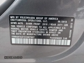 2012 Volkswagen Passat S with VIN 1VWAH7A31CC087907, listed as a IAAI auction lot 42083574 with 185,591 mi miles and . Bid and sale history available at DreamBid. Image 9.