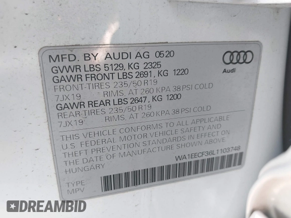 2020 Audi Q3 S line Premium Plus with VIN WA1EECF36L1103748, listed as a IAAI auction lot 41368428 with 21,155 mi miles and . Bid and sale history available at DreamBid. Image 9.
