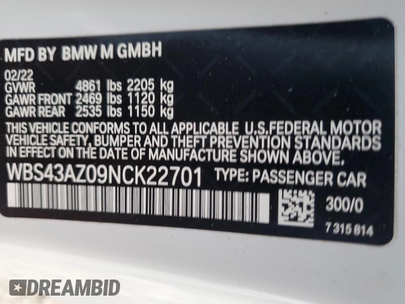 2022 BMW M4 Competition xDrive with VIN WBS43AZ09NCK22701, listed as a Copart auction lot 37733034 with 13,038 mi miles. Bid and sale history available at carsss.com. Image 13.