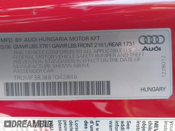 2008 Audi TT 2.0T with VIN TRUMF38J881042846, listed as a IAAI auction lot 41815280 with 87,354 mi miles and . Bid and sale history available at DreamBid. Image 9.