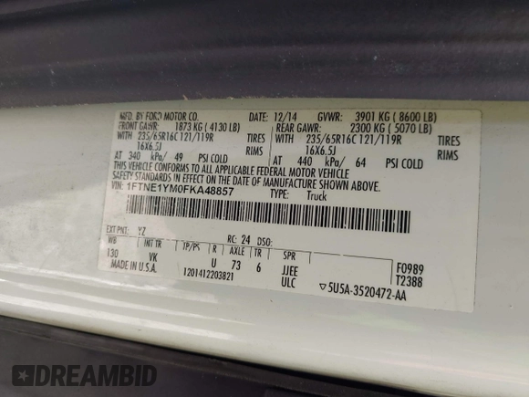 2015 Ford Transit Cargo with VIN 1FTNE1YM0FKA48857, listed as a IAAI auction lot 42018604 with 267,320 mi miles and . Bid and sale history available at DreamBid. Image 9.