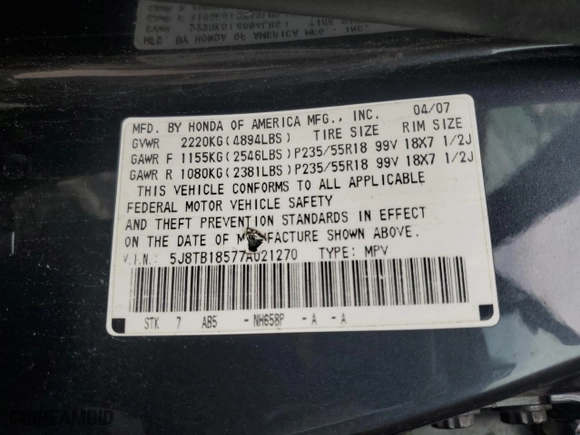 2007 Acura RDX Tech Pkg with VIN 5J8TB18577A021270, listed as a Copart auction lot 68595904 with 0 mi miles and Non Repairable. Bid and sale history available at carsss.com. Image 13.