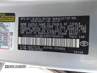 2007 Toyota Camry CE with VIN 4T1BE46K87U696826, listed as a IAAI auction lot 41967484 with 117,623 mi miles and . Bid and sale history available at DreamBid. Image 9.