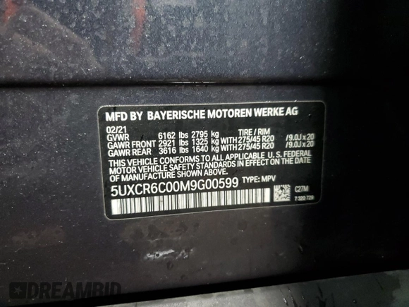 2021 BMW X5 xDrive40i with VIN 5UXCR6C00M9G00599, listed as a Copart auction lot 51536795 with 55,422 mi miles and Salvage title. Bid and sale history available at DreamBid. Image 12.
