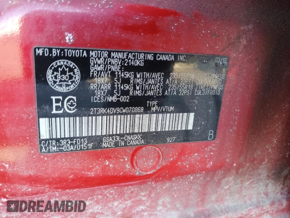 2012 Toyota RAV4 Sport with VIN 2T3RK4DV9CW070868, listed as a Copart auction lot 48122065 with 203,681 mi miles and Salvage title. Bid and sale history available at DreamBid. Image 12.