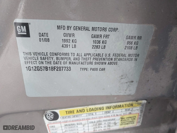 2008 Chevrolet Malibu LS w/1LS with VIN 1G1ZG57B18F207733, listed as a IAAI auction lot 41584978 with 159,166 mi miles. Bid and sale history available at carsss.com. Image 9.
