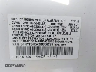 2016 Honda Pilot EX-L with VIN 5FNYF6H5XGB066295, listed as a IAAI auction lot 42063630 with 156,734 mi miles. Bid and sale history available at carsss.com. Image 9.