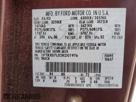 2003 Ford F-150 XL with VIN 1FTRX07L03KD01976, listed as a Copart auction lot 44358785 with 176,418 mi miles and Salvage title. Bid and sale history available at DreamBid. Image 13.