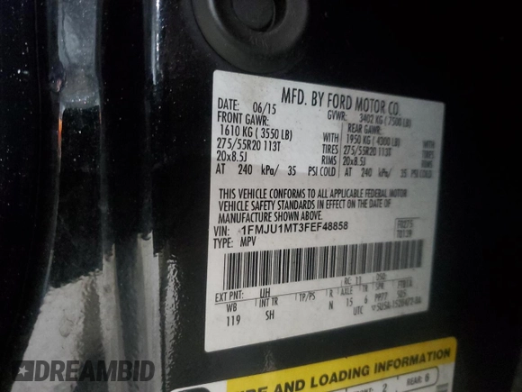 2015 Ford Expedition Platinum with VIN 1FMJU1MT3FEF48858, listed as a Copart auction lot 88086085 with 105,342 mi miles and Salvage title. Bid and sale history available at DreamBid. Image 13.