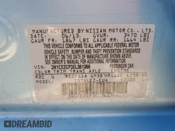 2014 Nissan Note S Plus z VIN 3N1CE2CP3EL361366, wystawiony jako Copart lot #56999725 z przebiegiem Nie podano mil oraz Szkoda całkowita • Salvage title. Historia ofert i sprzedaży dostępna na DreamBid. Obrazek 13.