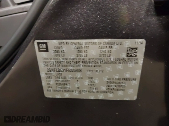 2015 Chevrolet Equinox LT with VIN 2GNFLBE31F6225938, listed as a IAAI auction lot 41145858 with 55,383 mi miles and . Bid and sale history available at carsss.com. Image 9.