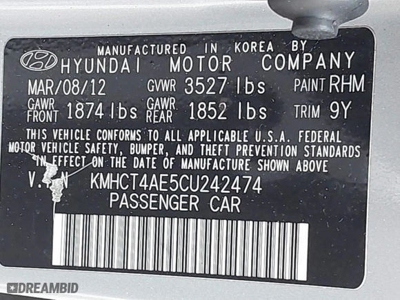 2012 Hyundai Accent GLS with VIN KMHCT4AE5CU242474, listed as a IAAI auction lot 41455547 with 163,199 mi miles. Bid and sale history available at carsss.com. Image 9.