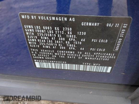 2022 Volkswagen ID.4 Pro S z VIN WVGGNPE26NP036269, wystawiony jako IAAI lot #42279904 z przebiegiem 43 959 mil mil oraz . Historia ofert i sprzedaży dostępna na DreamBid. Obrazek 9.