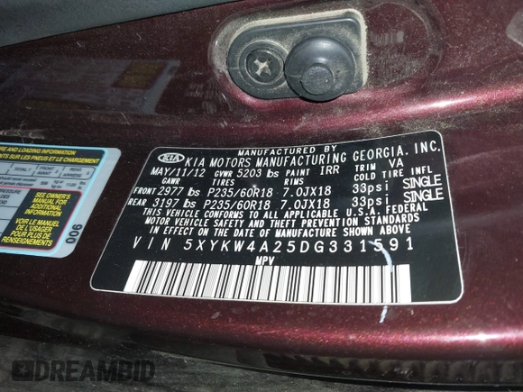 2013 Kia Sorento SX with VIN 5XYKW4A25DG331591, listed as a IAAI auction lot 41878760 with 1 mi miles. Bid and sale history available at carsss.com. Image 9.