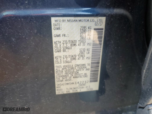 2017 Nissan Murano S with VIN 5N1AZ2MH5HN142232, listed as a Copart auction lot 87314344 with 140,201 mi miles and Salvage Title. Bid and sale history available at carsss.com. Image 12.