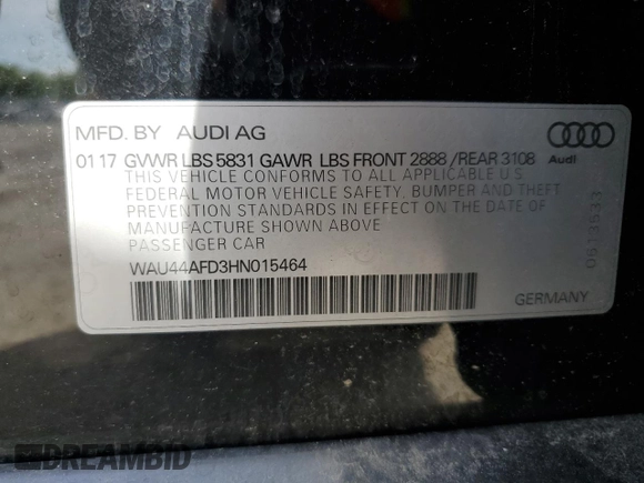 2017 Audi A8 with VIN WAU44AFD3HN015464, listed as a Copart auction lot 55099805 with 125,067 mi miles and Clean title. Bid and sale history available at DreamBid. Image 12.