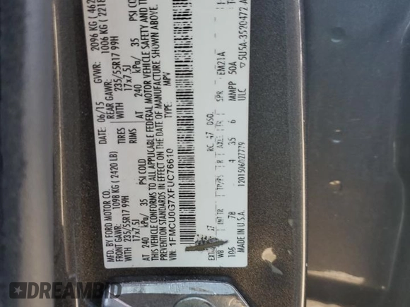 2015 Ford Escape SE with VIN 1FMCU0G7XFUC76610, listed as a Copart auction lot 48547655 with 109,901 mi miles and Salvage Title. Bid and sale history available at carsss.com. Image 13.