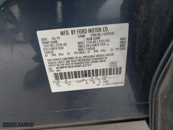 2019 Ford Edge Titanium with VIN 2FMPK3K91KBC22727, listed as a IAAI auction lot 41748038 with 93,788 mi miles. Bid and sale history available at carsss.com. Image 9.