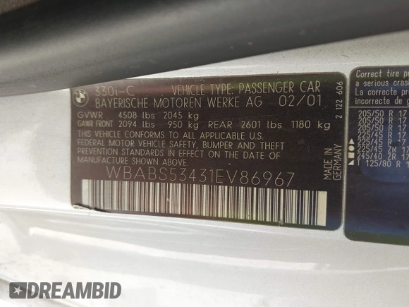 2001 BMW 3 Series 330Ci with VIN WBABS53431EV86967, listed as a IAAI auction lot 42017677 with 198,944 mi miles. Bid and sale history available at carsss.com. Image 9.