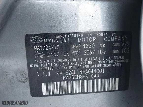 2017 Hyundai Sonata Hybrid SE with VIN KMHE24L14HA044001, listed as a IAAI auction lot 41490755 with 143,550 mi miles. Bid and sale history available at carsss.com. Image 9.