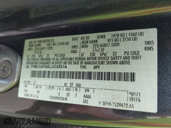 2020 Ford Escape S with VIN 1FMCU0F68LUC05314, listed as a IAAI auction lot 42535666 with Not provided miles and . Bid and sale history available at DreamBid. Image 9.