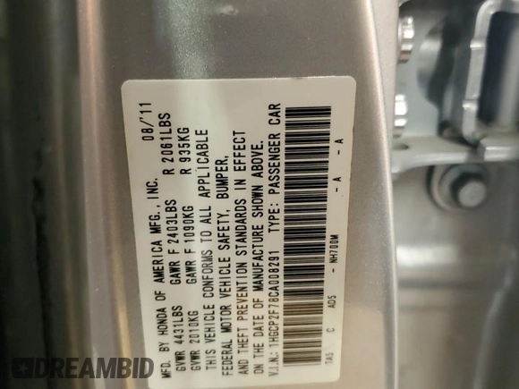 2012 Honda Accord EX z VIN 1HGCP2F78CA008291, wystawiony jako Copart lot #58614015 z przebiegiem 183 349 mil mil oraz Szkoda całkowita • Salvage title. Historia ofert i sprzedaży dostępna na DreamBid. Obrazek 12.