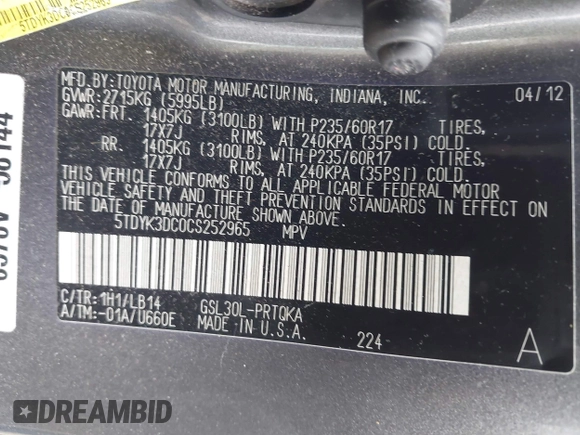 2012 Toyota Sienna XLE AAS with VIN 5TDYK3DC0CS252965, listed as a IAAI auction lot 42059909 with 321,983 mi miles and . Bid and sale history available at carsss.com. Image 9.
