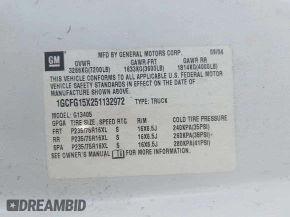 2005 Chevrolet Express Cargo with VIN 1GCFG15X251132972, listed as a IAAI auction lot 42661000 with 286,090 mi miles and . Bid and sale history available at DreamBid. Image 9.