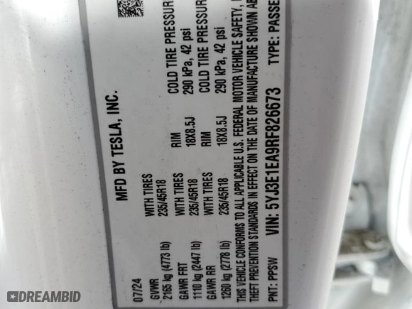 2024 Tesla Model 3 with VIN 5YJ3E1EA9RF826673, listed as a Copart auction lot 45083745 with 7,331 mi miles and Salvage Title. Bid and sale history available at carsss.com. Image 14.